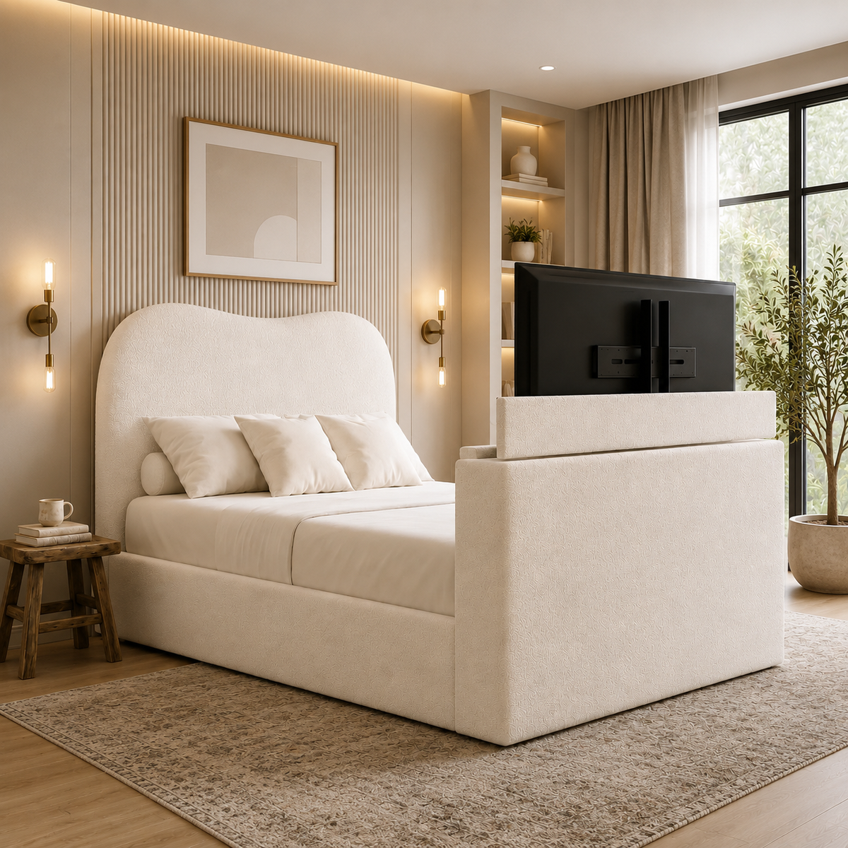 Solenne Curved Boucle TV Bed Frame