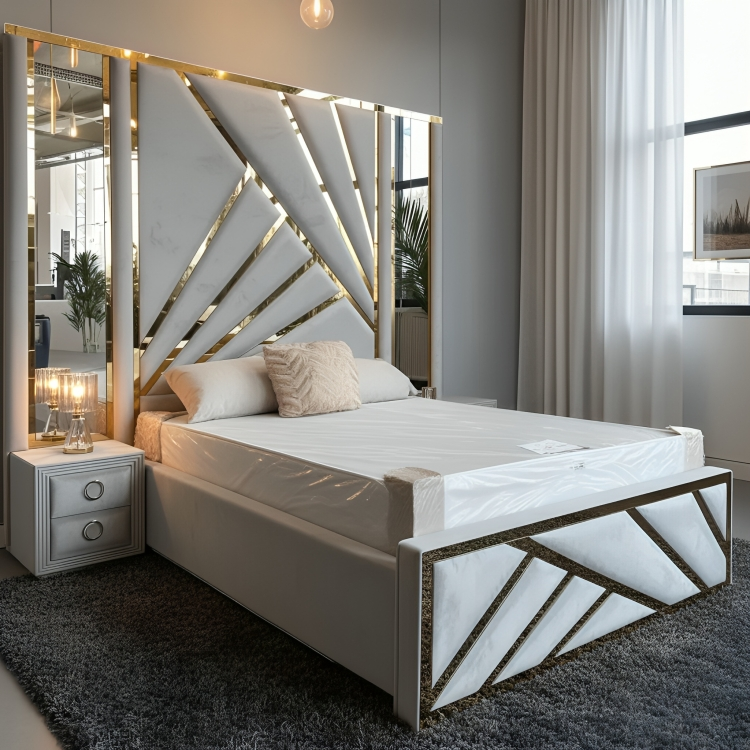 Luna Mirror Bed Frame with Golden Stripes