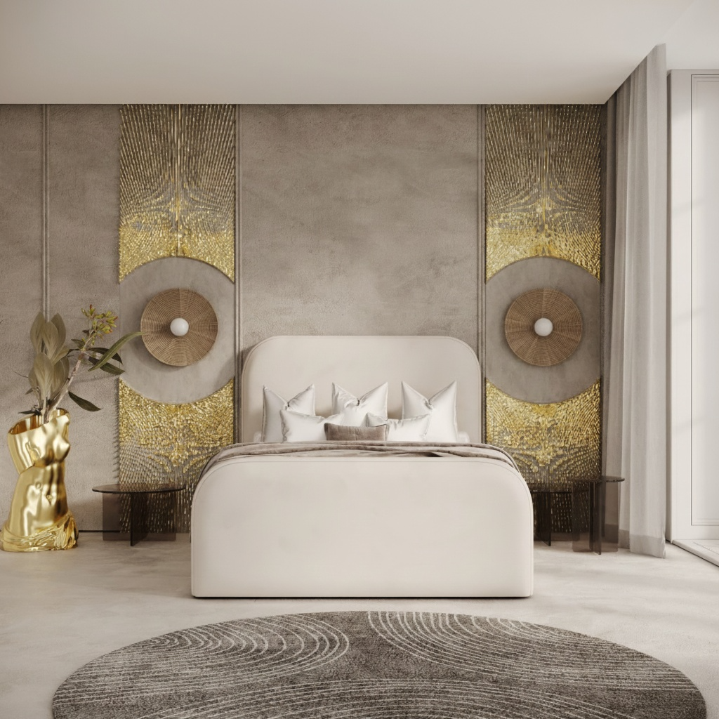 Chandler Plain Bed In Boucle Fabric With Round Headboard